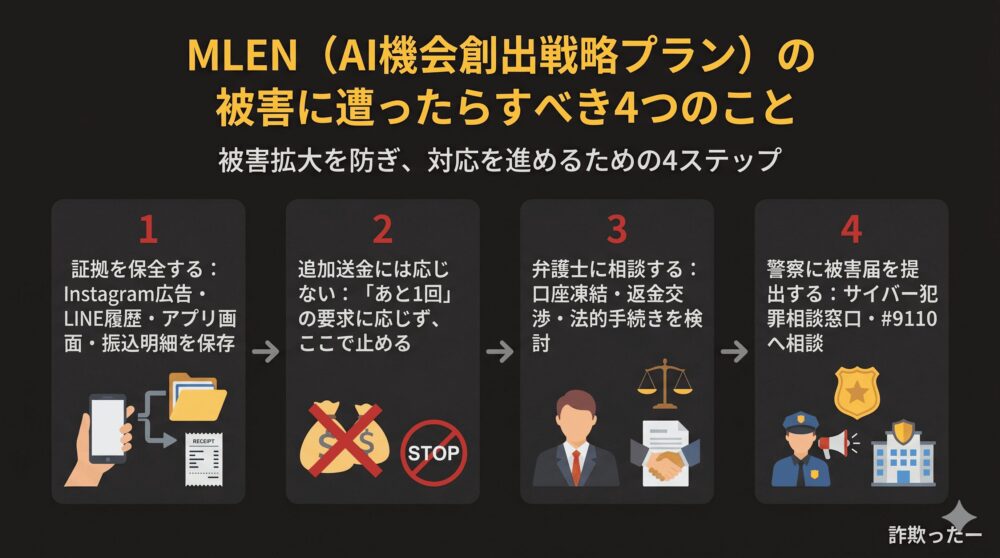 MLEN（AI機会創出戦略プラン）の被害に遭ったらすべき4つのことのインフォグラフィック