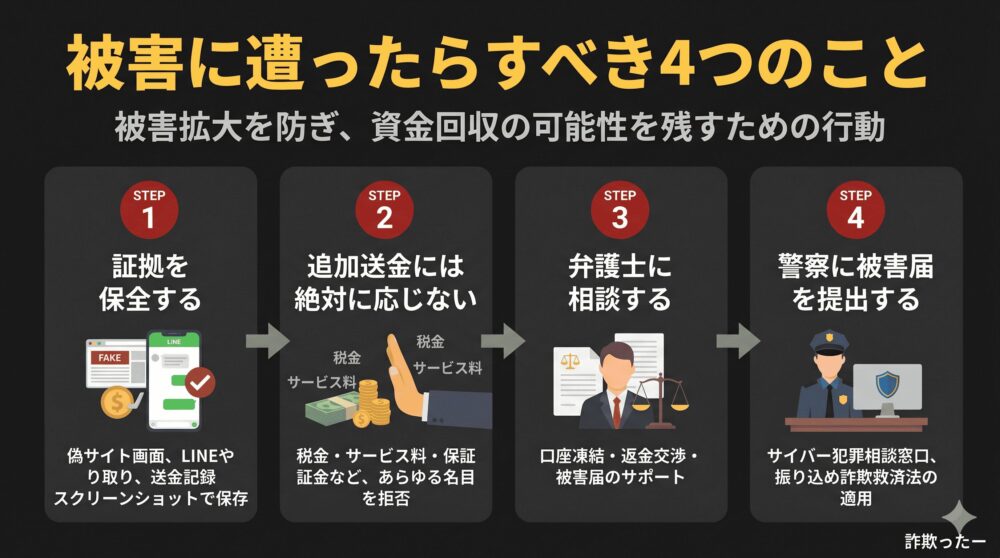 BitGo（B39投資戦略ラボ）の被害に遭ったらすべき4つのことのインフォグラフィック