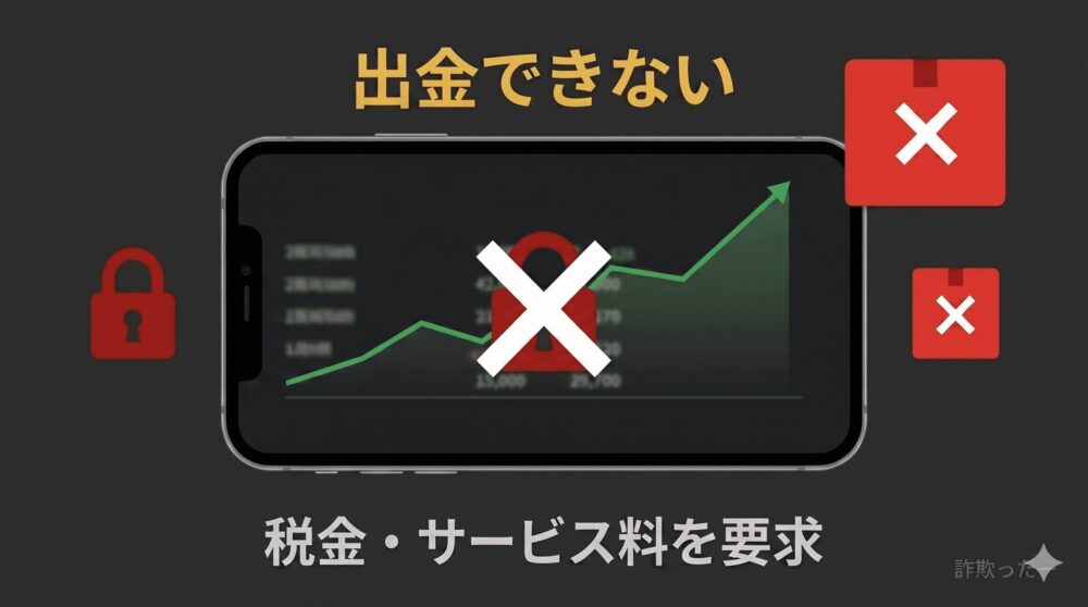 虚偽の利益表示と「税金」「サービス料」による出金拒否のイメージ