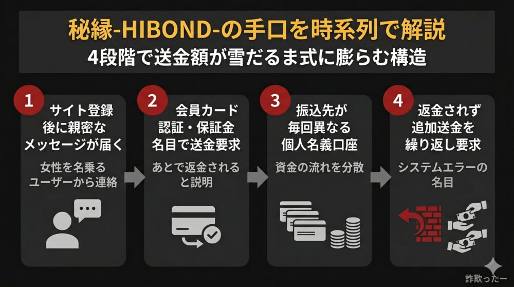 秘縁-HIBOND-の手口を時系列で解説のインフォグラフィック
