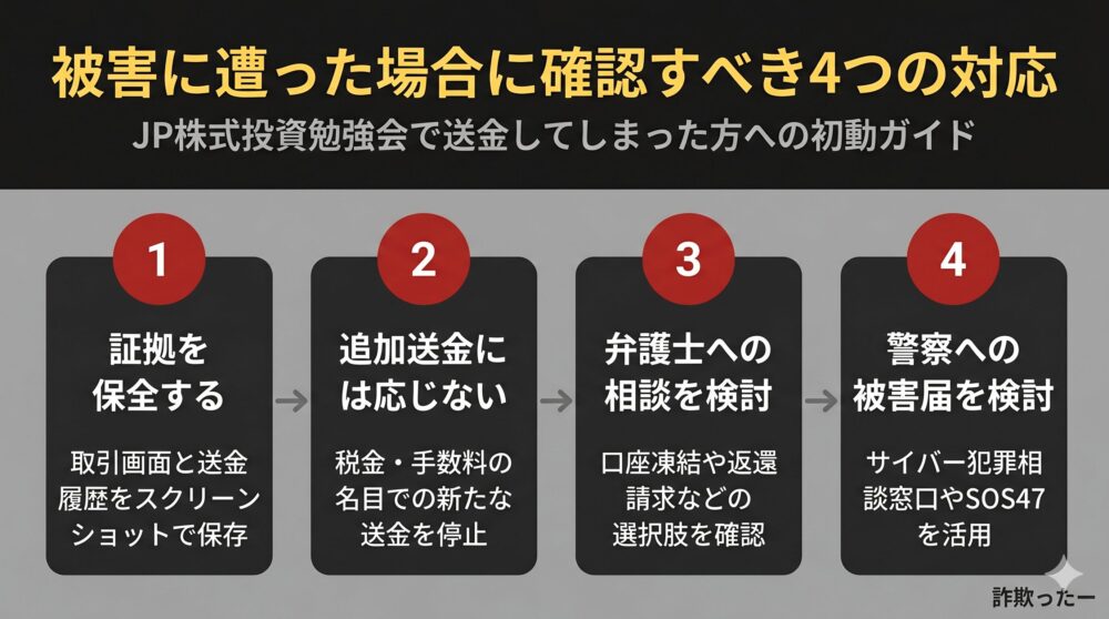 被害に遭った場合に確認すべき4つの対応のインフォグラフィック
