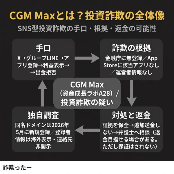 CGM Max(資産成長ラボA28)を用いたSNS型投資詐欺の全体像(手口・詐欺の根拠・返金の可能性)を要約したインフォグラフィック