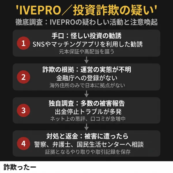IVEPROとは?INVESTCORPを装う投資アプリ詐欺の全体像のインフォグラフィック
