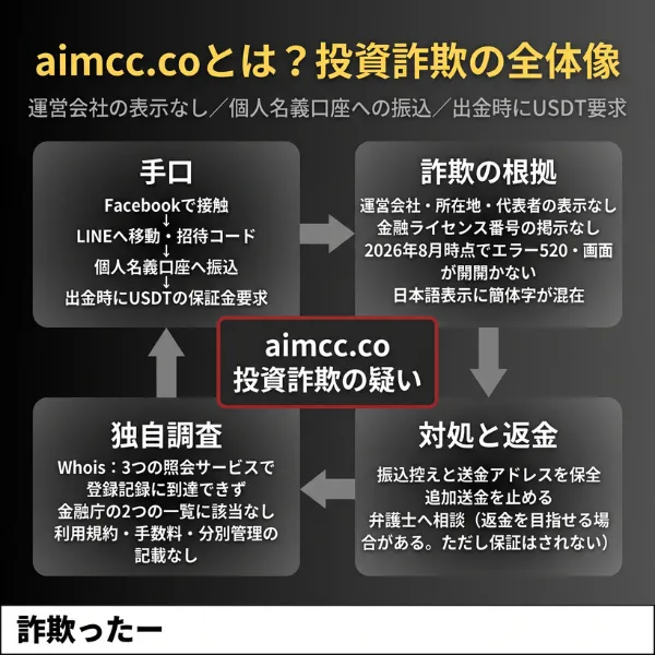 aimcc.coの投資詐欺の全体像を示すインフォグラフィック
