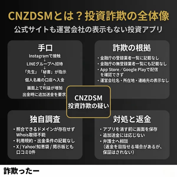 CNZDSMの投資詐欺の全体像を示すインフォグラフィック