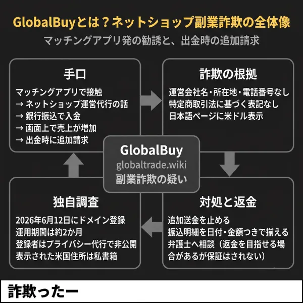GlobalBuy（globaltrade.wiki）の副業詐欺の全体像を示すインフォグラフィック