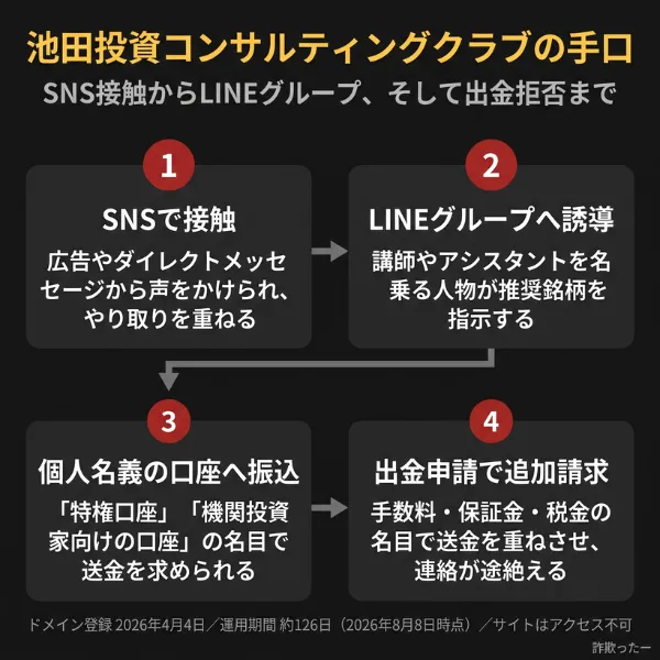 池田投資コンサルティングクラブ投資詐欺の全体像のインフォグラフィック