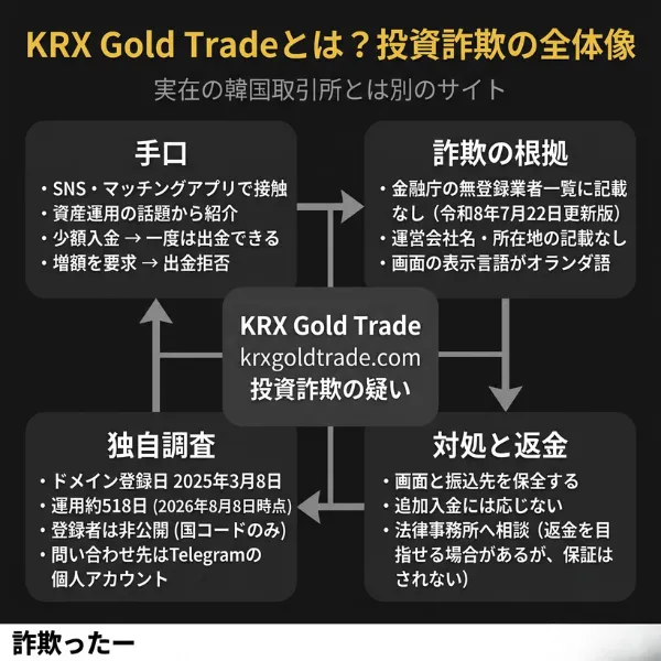 KRX Gold Tradeの投資詐欺の全体像を示すインフォグラフィック