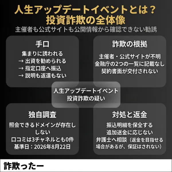 人生アップデートイベントの投資詐欺の全体像を示すインフォグラフィック