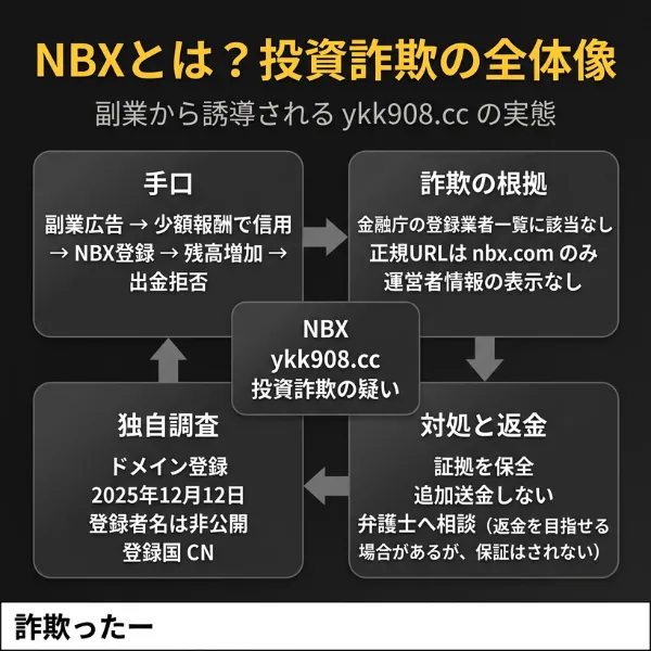「NBX」を騙る投資詐欺の全体像を示すインフォグラフィック