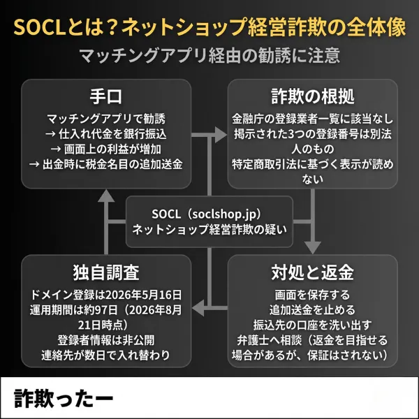 SOCL(soclshop.jp)のネットショップ経営詐欺の全体像を示すインフォグラフィック